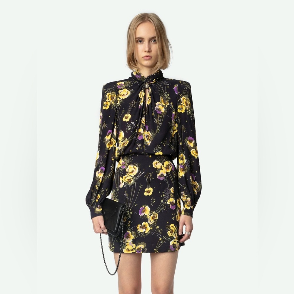 $498 Zadig & Voltaire Ryda Yoko Strass Tie Neck Long Sleeve Crepe Dress